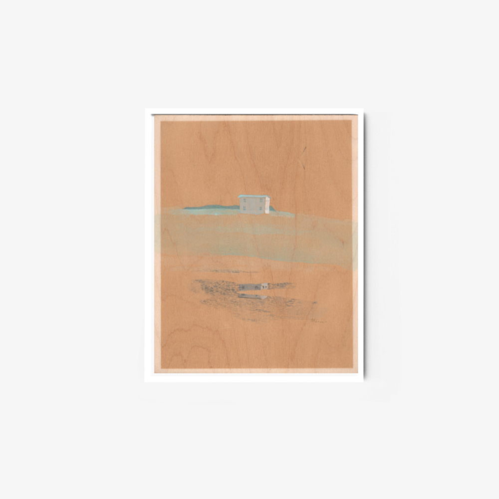 The art print 小築水影 showcases a minimalist landscape with a small structure on a hill, set against muted brown and beige tones and soft blue hints for sky or water. Elegantly framed in white, it rests gracefully against a light background.