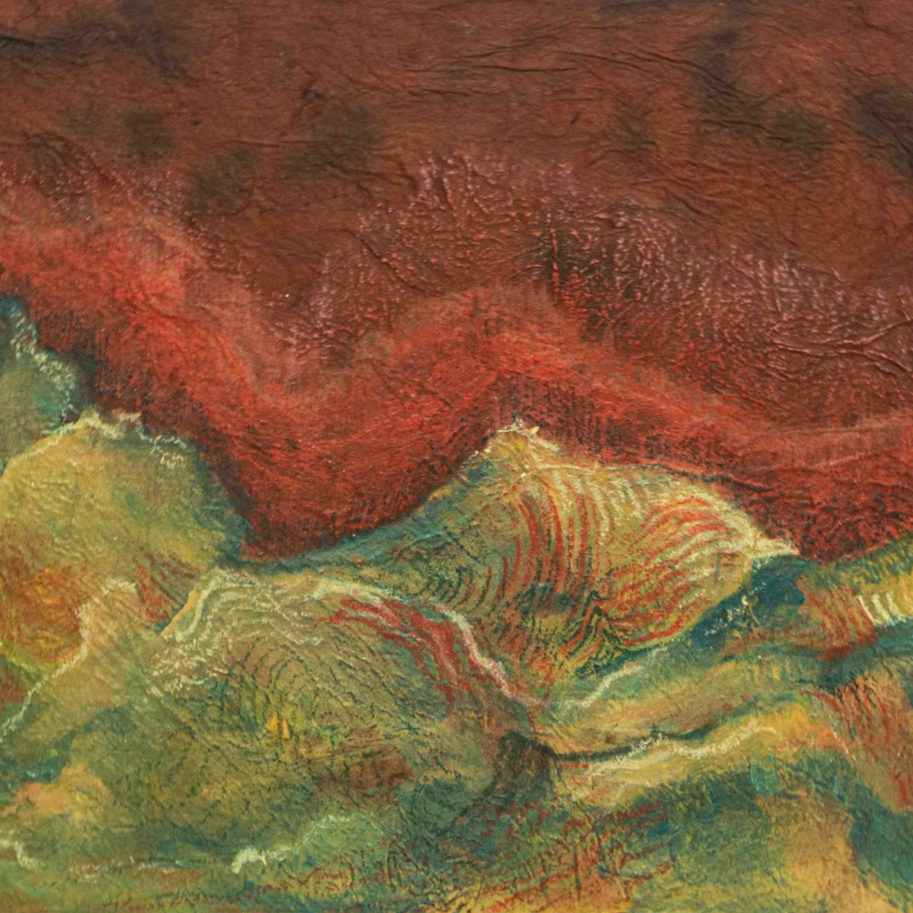The art print He took me to see the greens features an abstract painting with swirling patterns in red, green, and yellow. A textured red wave sits atop, while undulating green and yellow shapes below add movement and depth.