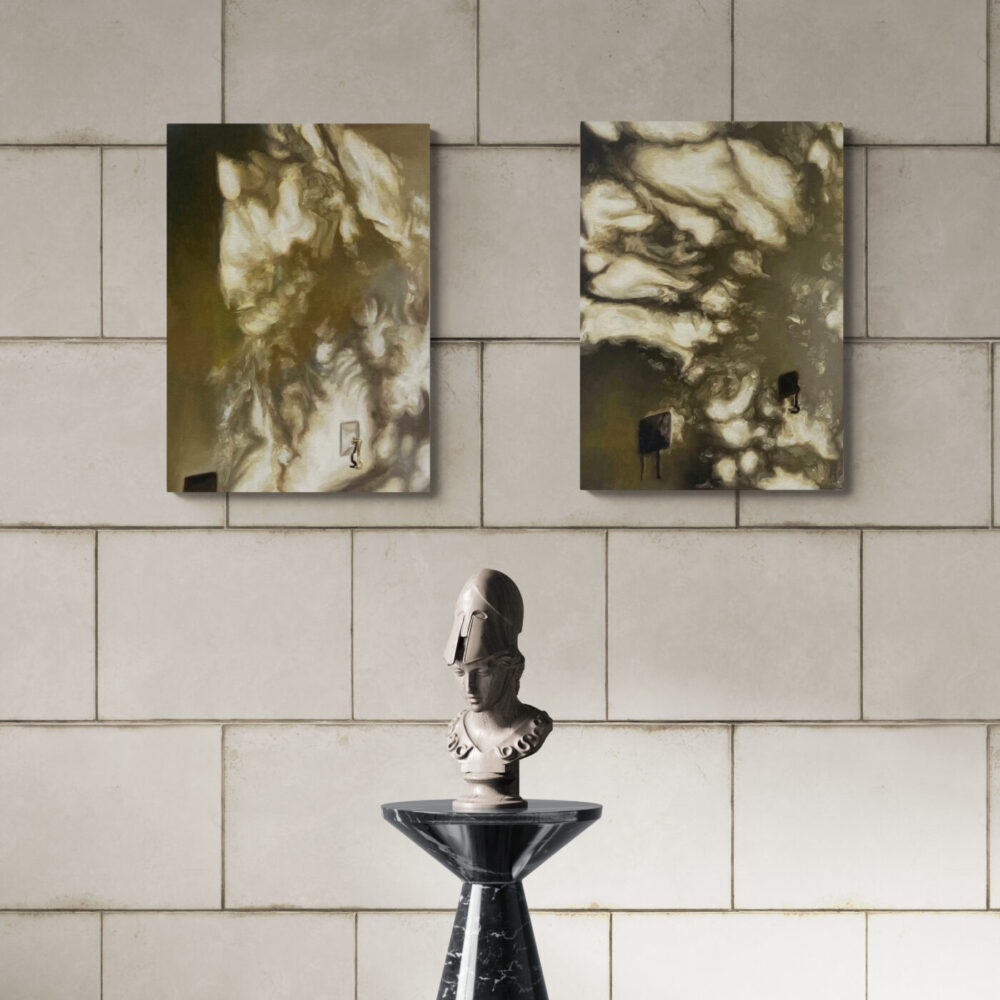A textured tiled wall features two abstract Sunset Shadow art prints with swirling patterns, while below, a small marble pedestal with a smooth dark finish holds a metal knights helmet.