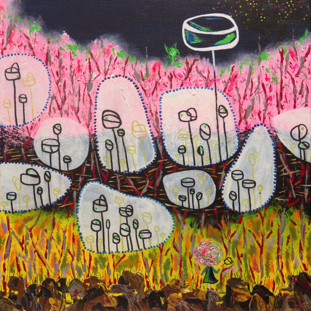 Stars in the Sky, a vibrant abstract art print, displays bright pink trees and white floral shapes with black outlines. The ground merges yellow and brown hues, and multicolored dots adorn the dark sky. A green figure with a pink head stands below, completing this captivating scene.