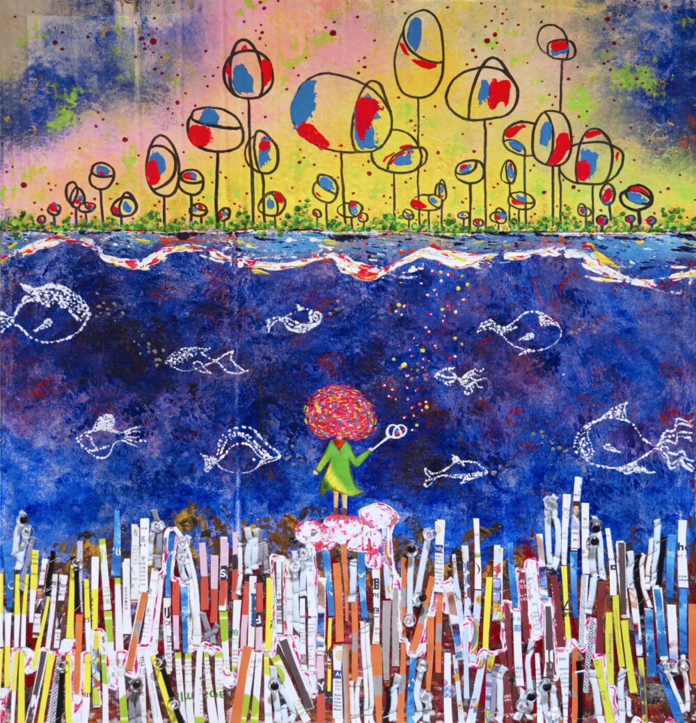 The They Are Not You art print showcases a whimsical figure with a floral head standing on colorful sticks, fish swimming in a blue sea above, and abstract multi-colored flowers on a vibrant yellow and green background, creating a playful and imaginative scene.