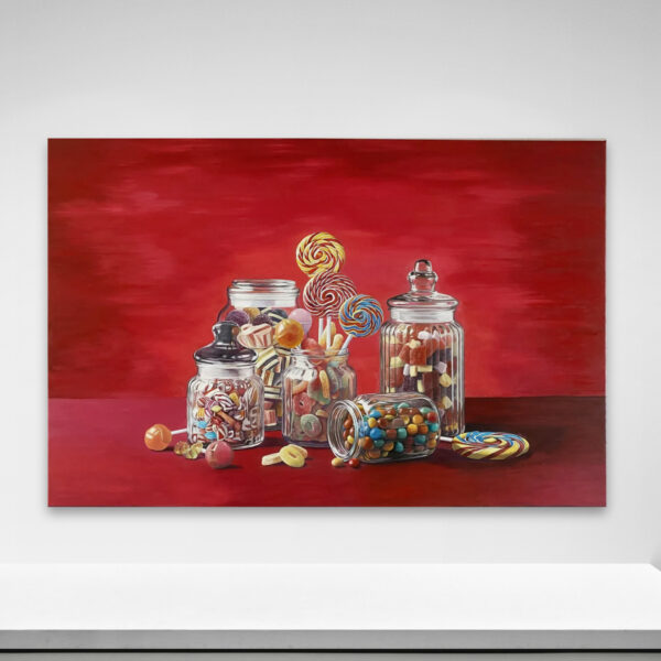 The Candyland, 2025 painting is ideal for home decor, featuring an artistic display of glass jars filled with colorful candies like lollipops and gumballs on a rich red background, creating a vibrant and playful scene.